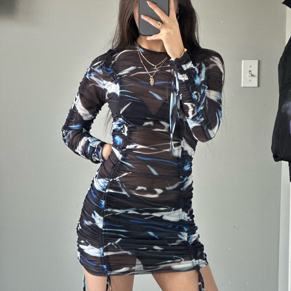 H&M Blue and Gray Bodycon Dress with Mock Neck